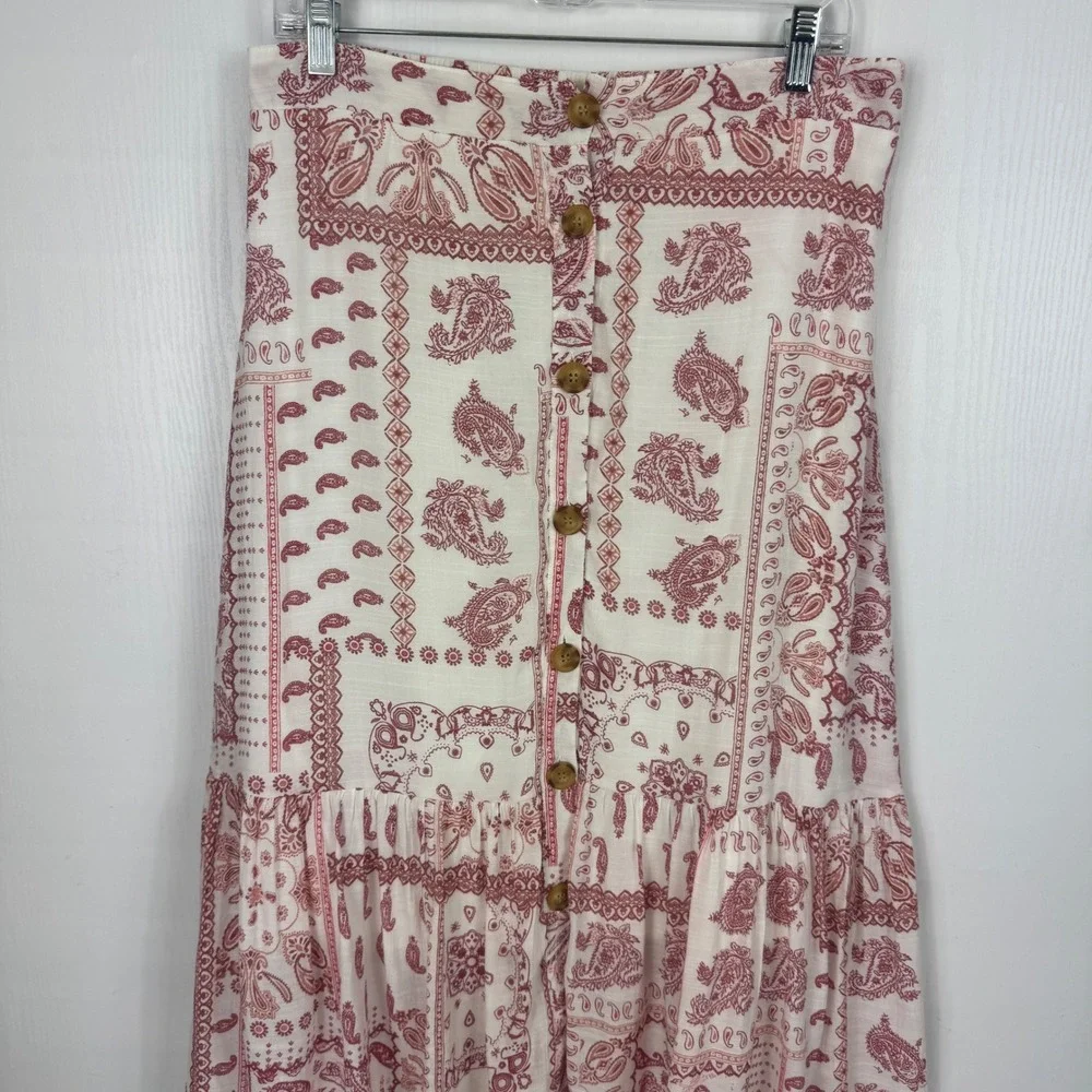 Mlle Gabrielle Red White Paisley Bandana Button Front Ruffle Midi Skirt Size L - Picture 5 of 12